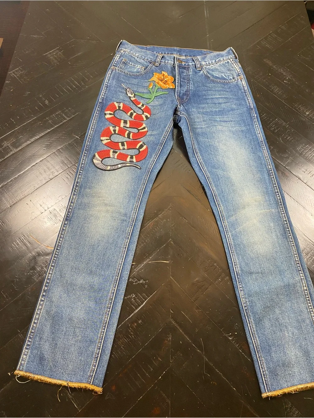 Gucci Blue Denim Skinny Jeans with Red Snake and Orange Flower Embroidery
